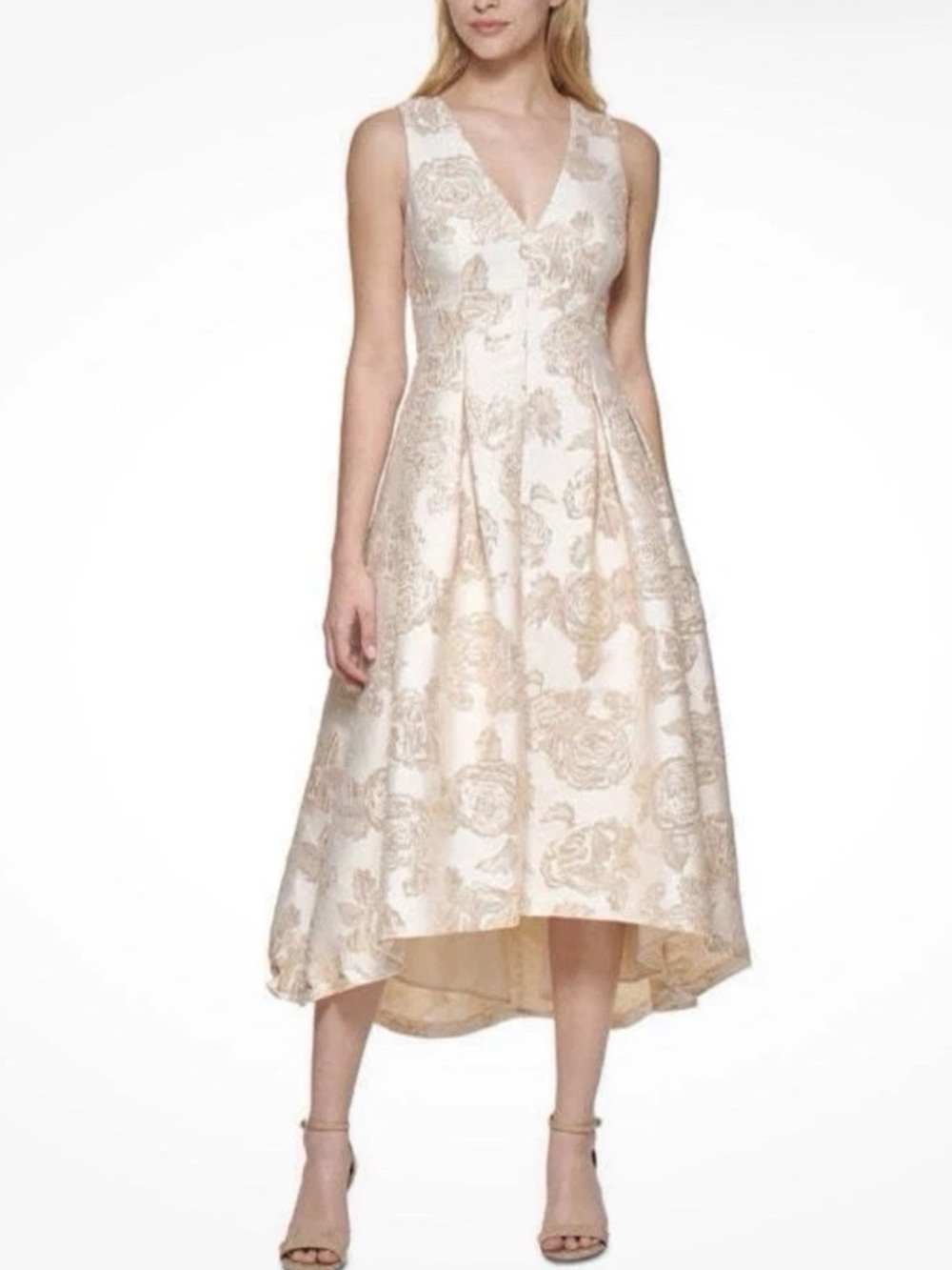 NWT ELIZA J Champagne Gold Jacquard Fit & Flare Hi/Low Dress Retail $268